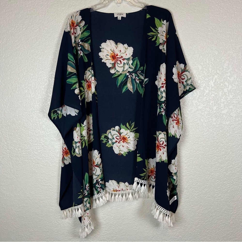 Umgee Navy Open Front Floral Kimono Fringe Tassel Hem Small/Medium